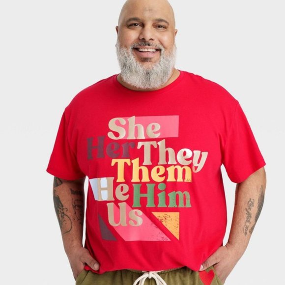 Pronouns Short Sleeve Crewneck Red T-Shirt- LGBTQIA + Pride Collection - Picture 1 of 5